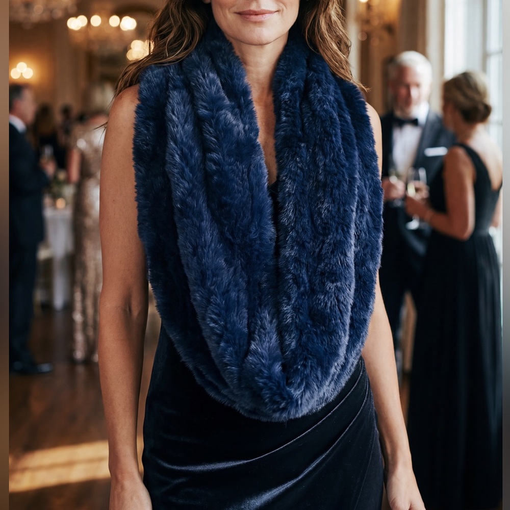 Vintage Knitted Rabbit Fur Infinity Scarf- Navy
